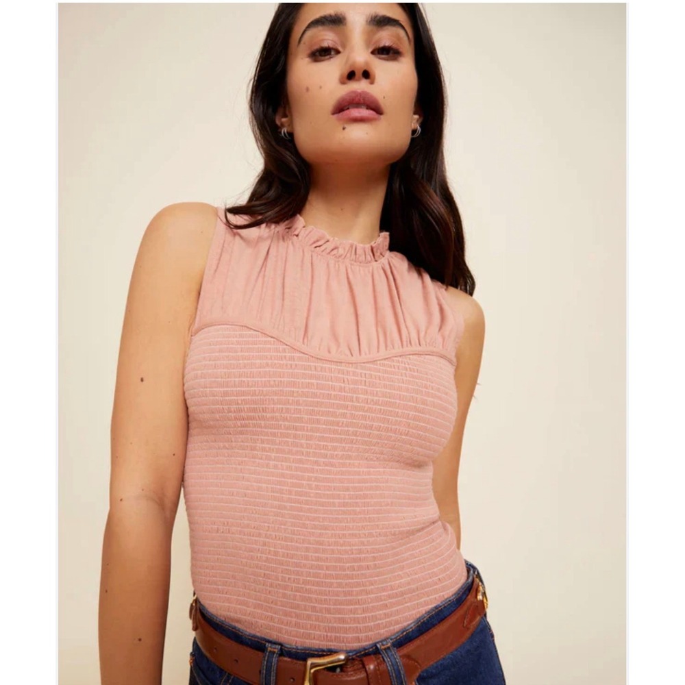 Nation LTD XL Pima Cotton Smocked Ruffle Neck Sleeveless Top Terracotta Chic NWT